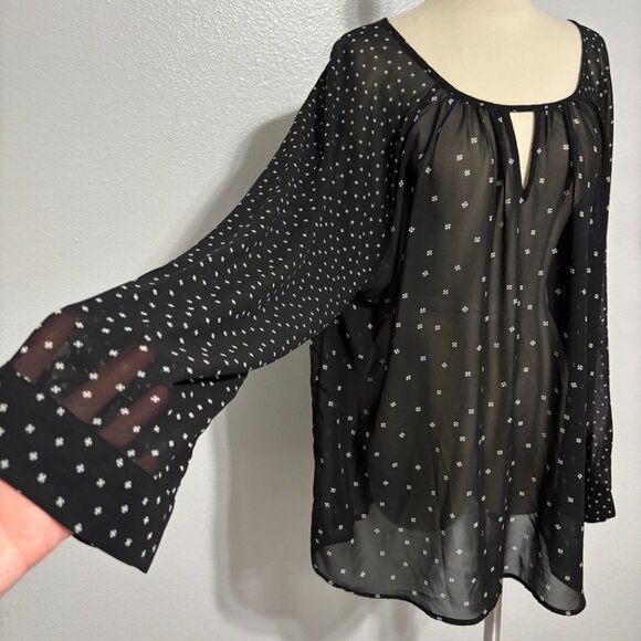 Old Navy Sheer Black Blouse Women’s XXL Long Sleeve Boho Peasant Top Ditsy Print - Picture 3 of 13